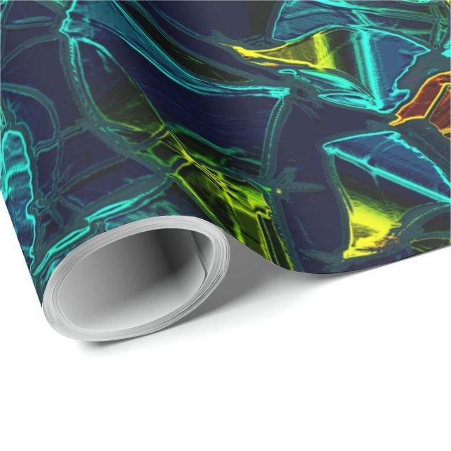 Papel De Regalo Flor virtual em azul gradiente, estilhaçada (Esquina del rollo)