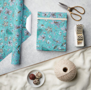 Papel De Regalo Flora acuarela azul mint mágica acuática