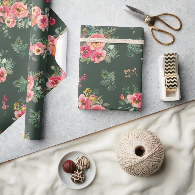 Papel De Regalo Flora acuarela | Navidades verdes botánicos (Artesanía)
