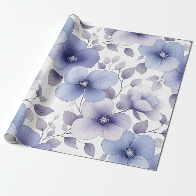 Papel De Regalo Flora acuática azul claro y de lavanda (Desenrollado)