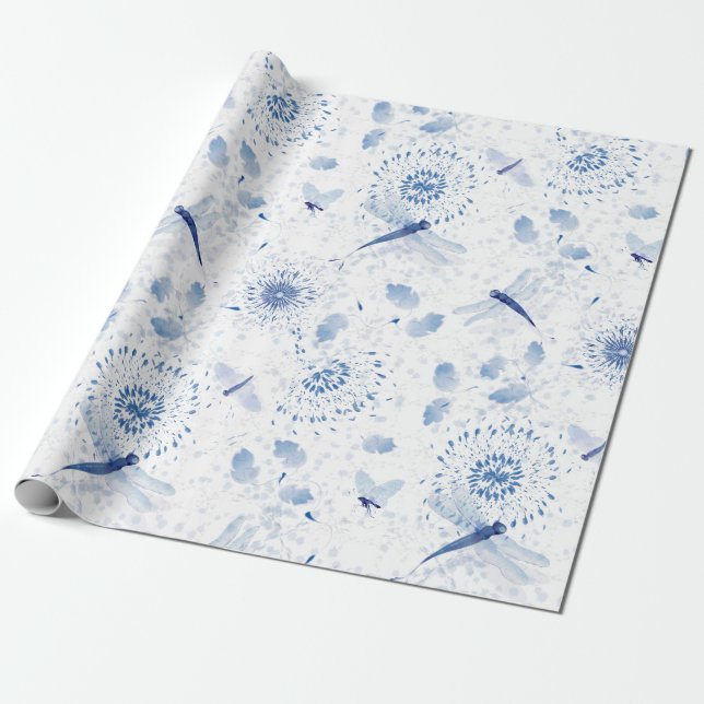 Papel De Regalo Flora de la libélula Chinoiserie azul (Desenrollado)