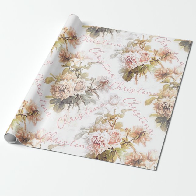 Papel De Regalo Flora de ramo rosa de rosa suave y anticuada (Desenrollado)