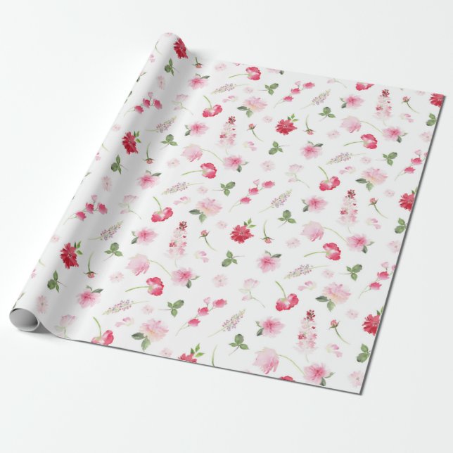Papel De Regalo Flora rosa roja acuarela (Desenrollado)