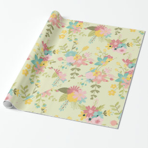 Papel De Regalo Floraciones verdes amarillas rosadas