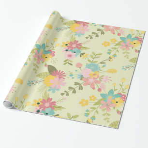 Papel De Regalo Floraciones verdes amarillas rosadas