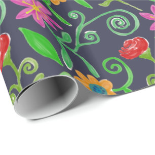 Papel De Regalo Floral Acuarela Caprichosa Azul Marino