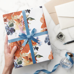 Papel De Regalo Floral acuarela naranja y azul