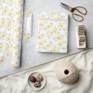 Papel de Regalo Floral Amarillo, Flores Acuarela