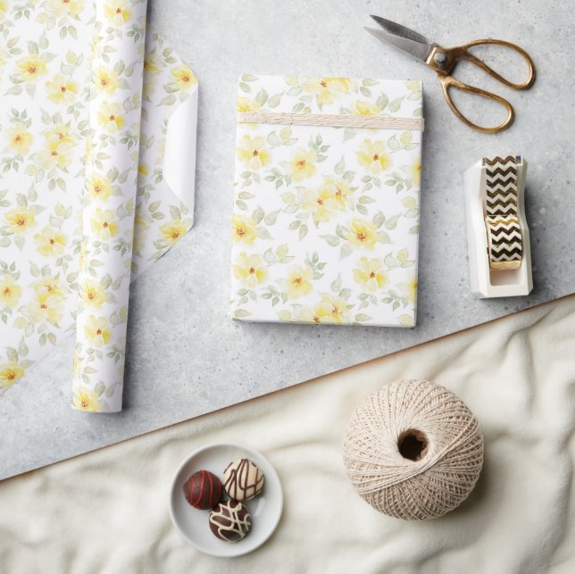 Papel de Regalo Floral Amarillo, Flores Acuarela (Artesanía)