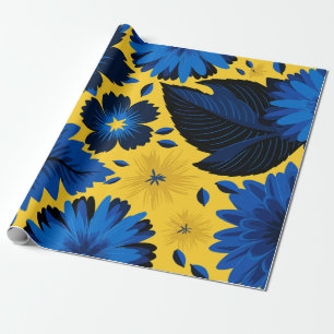 Papel De Regalo Floral azul audaz sobre fondo amarillo vibrante