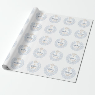 Papel De Regalo Floral Azul Bebé Ángel Cruz Baptismo