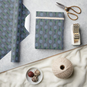 Papel De Regalo Floral Azul Dibujado a Mano Retro
