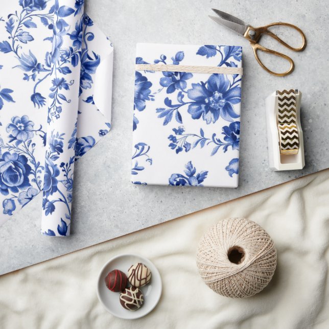 Papel de regalo floral azul elegante (Artesanía)