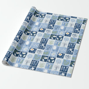 Papel De Regalo Floral Azul Escandinavo Moderno Botánico Nórdico