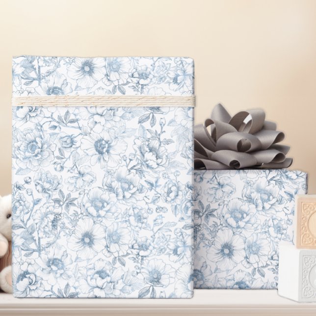 Papel de regalo floral azul estilo chino (Dusty Blue Floral Gift Wrap)
