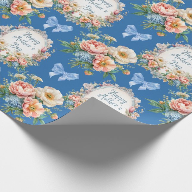 Papel De Regalo Floral azul feliz Día de la Madre (Esquina)