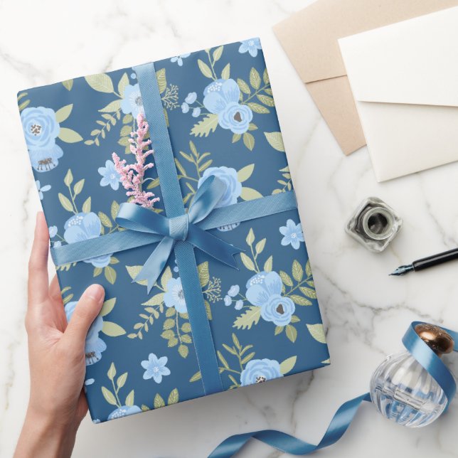 Papel De Regalo Floral Azul Marino Verde Azul Rayas  (Regalar)