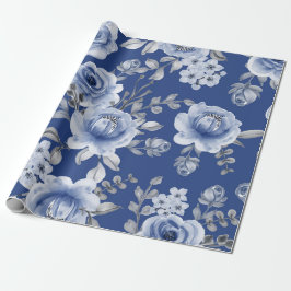 Papel De Regalo Floral azul marino y elegante acuarela moderna