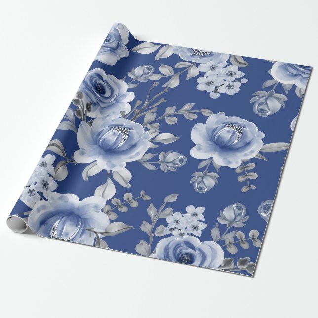 Papel De Regalo Floral azul marino y elegante acuarela moderna (Desenrollado)