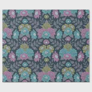 Papel De Regalo Floral azul oscuro, verde y púrpura