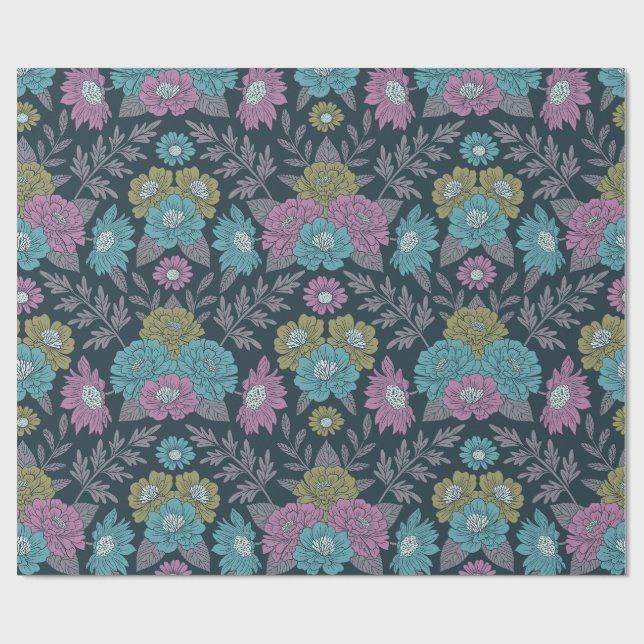 Papel De Regalo Floral azul oscuro, verde y púrpura (Superficie plana)