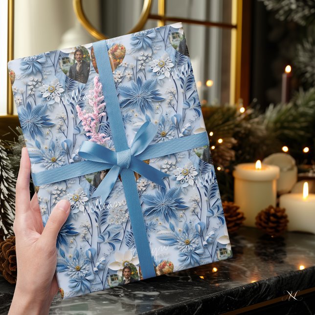 Papel De Regalo Floral azul personalizada con fotos y nombres (Subido por el creador)