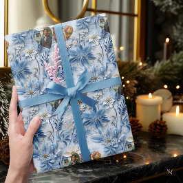 Papel de regalo floral azul personalizado con foto
