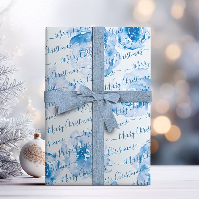 Papel De Regalo Floral azul personalizado de amarre navideño (Blue Personalized Merry Christmas Script Floral Wrapping Paper)
