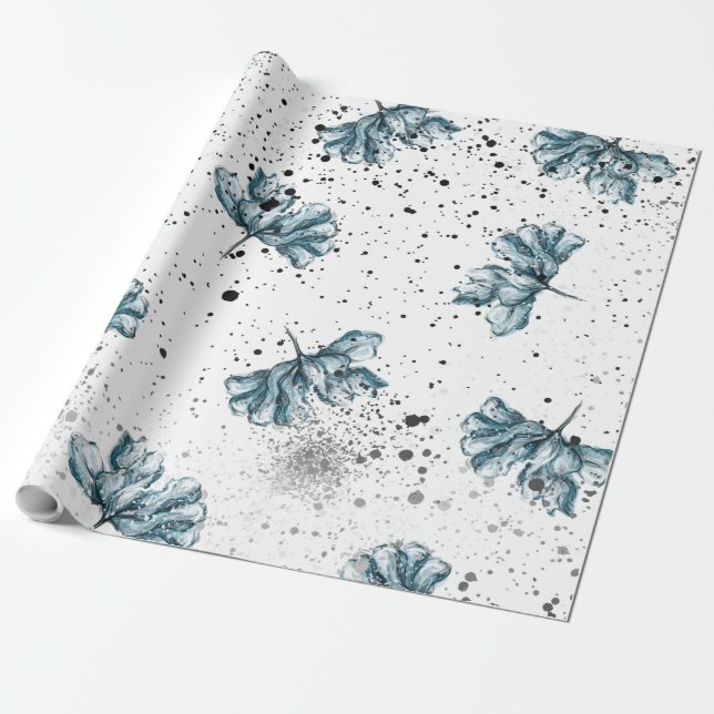 Papel De Regalo Floral azul pintado a mano (Desenrollado)