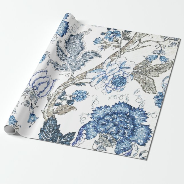 Papel De Regalo Floral azul purpurinoso en blanco puro (Desenrollado)