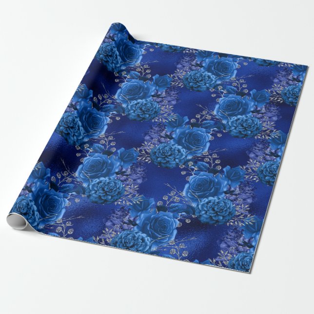 Papel De Regalo Floral azul real y plateada (Desenrollado)