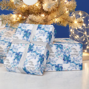 Papel De Regalo Floral azul simple Sr. y Sra. Boda