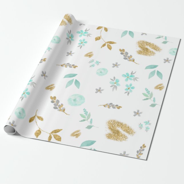Papel De Regalo Floral azul suave y Purpurina dorado (Desenrollado)