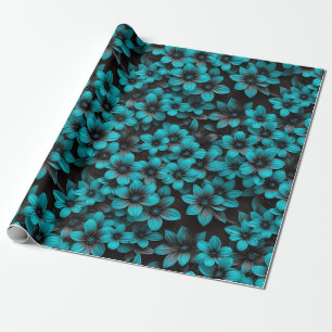 Papel de regalo floral azul verdoso sobre negro