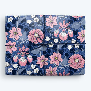 Papel De Regalo Floral azul victoriano y rosa