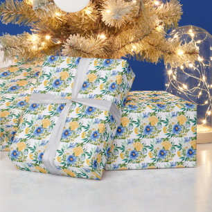 Papel De Regalo Floral Azul y Amarillo