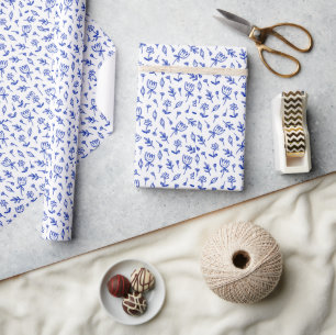 Papel De Regalo Floral azul y blanca