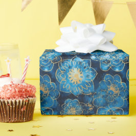 Papel De Regalo Floral azul y dorado elegante - Botánica elegante