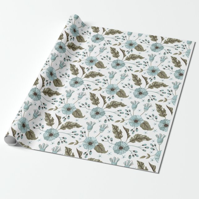 Papel De Regalo Floral azul y verde (Desenrollado)