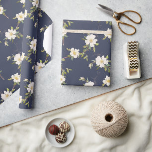 Papel De Regalo Floral blanca azul marina