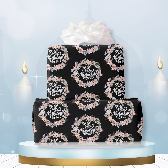 Papel De Regalo Floral blanca negra Eid Mubarak | Regalo Eid (Subido por el creador)