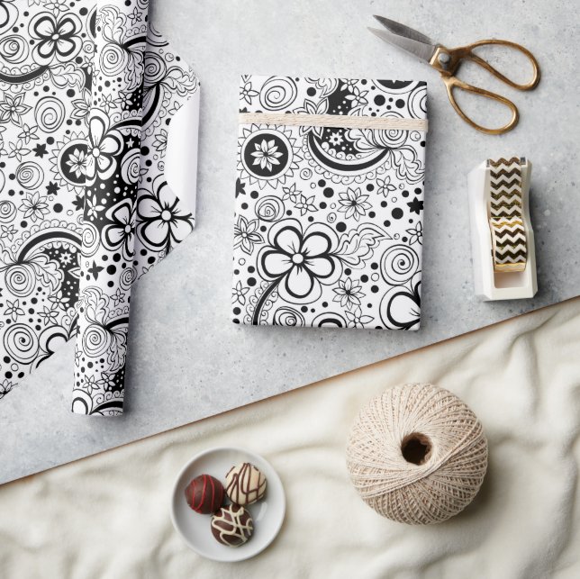 Papel De Regalo Floral blanca y negra (Artesanía)