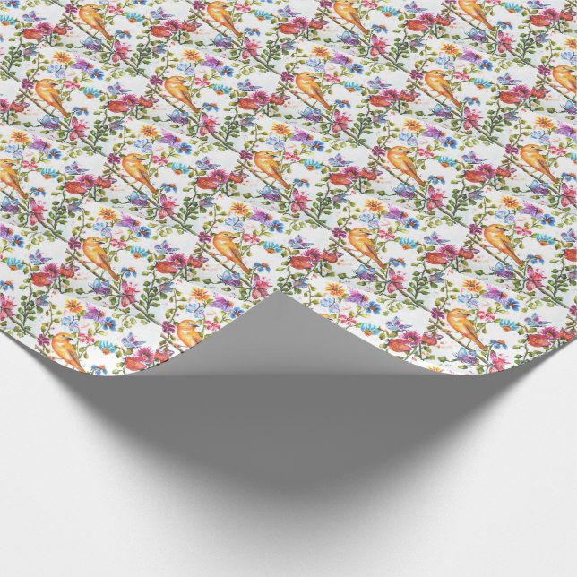 PAPEL DE REGALO FLORAL BLANCO DE AVES AMARILLAS FUERTES (Esquina)