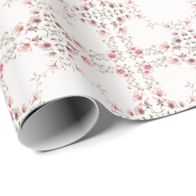 Papel de regalo floral blanco rosa elegante (Esquina del rollo)