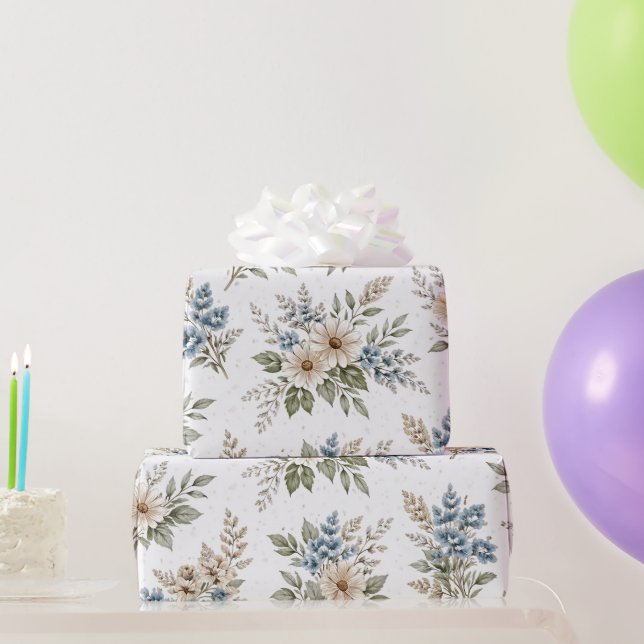 Papel De Regalo Floral Blue Ivory Meadow Pattern (Regalos de fiesta)