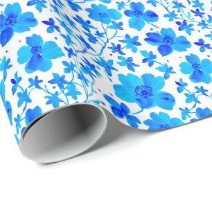 Papel De Regalo Floral botánica en azul profundo y blanco
