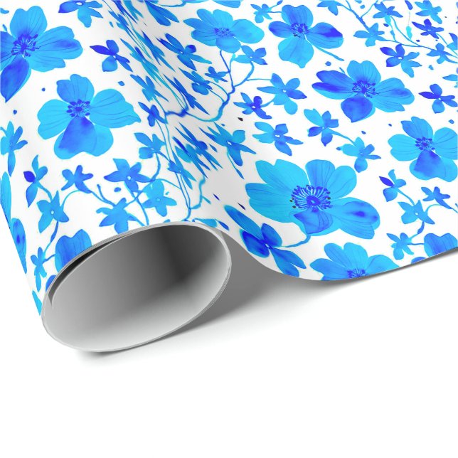 Papel De Regalo Floral botánica en azul profundo y blanco (Esquina del rollo)