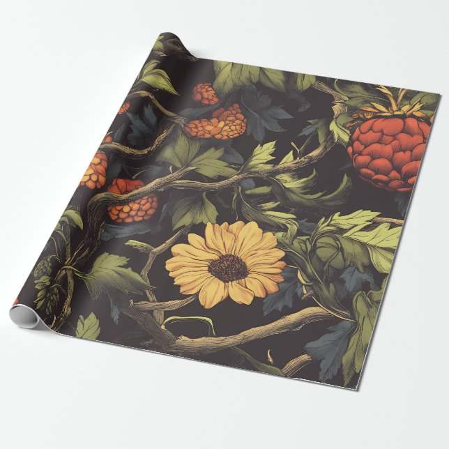 Papel de regalo floral botánico Fuego de Otoño (Desenrollado)