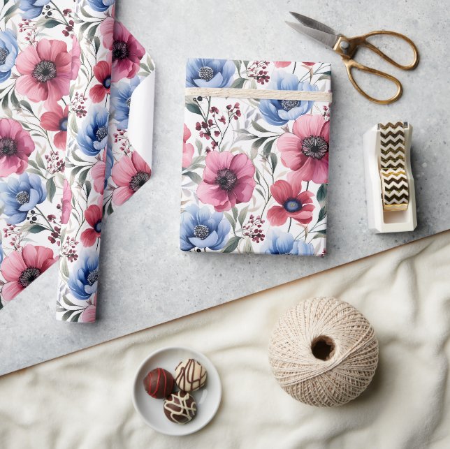 Papel de regalo floral botánico rosa azul (Artesanía)