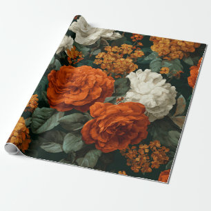 Papel De Regalo Floral Botánico Verde Naranja Quemado Rústico Auda
